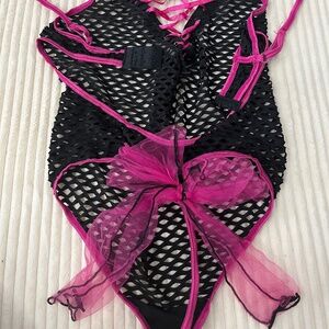 Fuchsia and black fishnet thong teddy